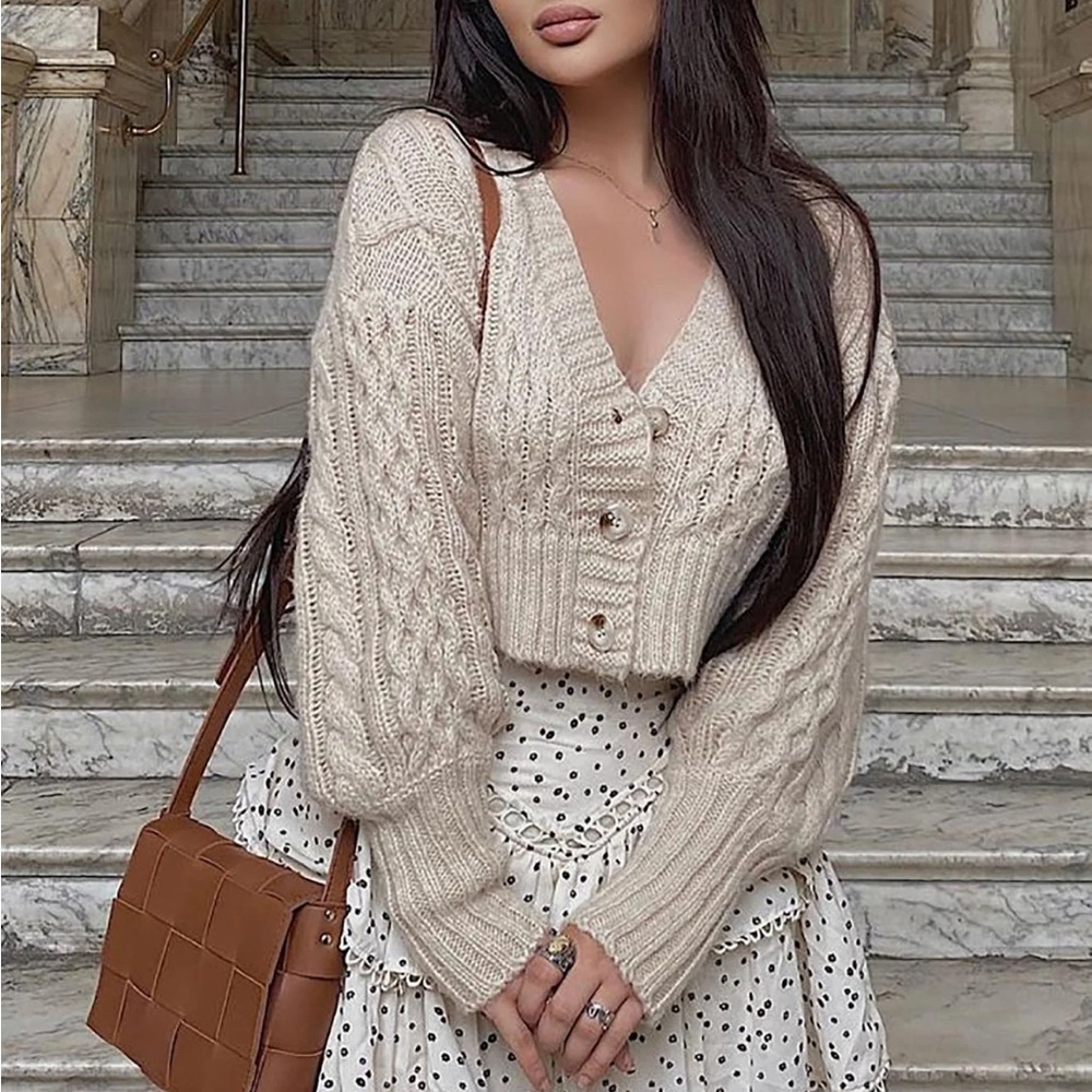 Cropped Beige Cable Knit Cardigan Sweater